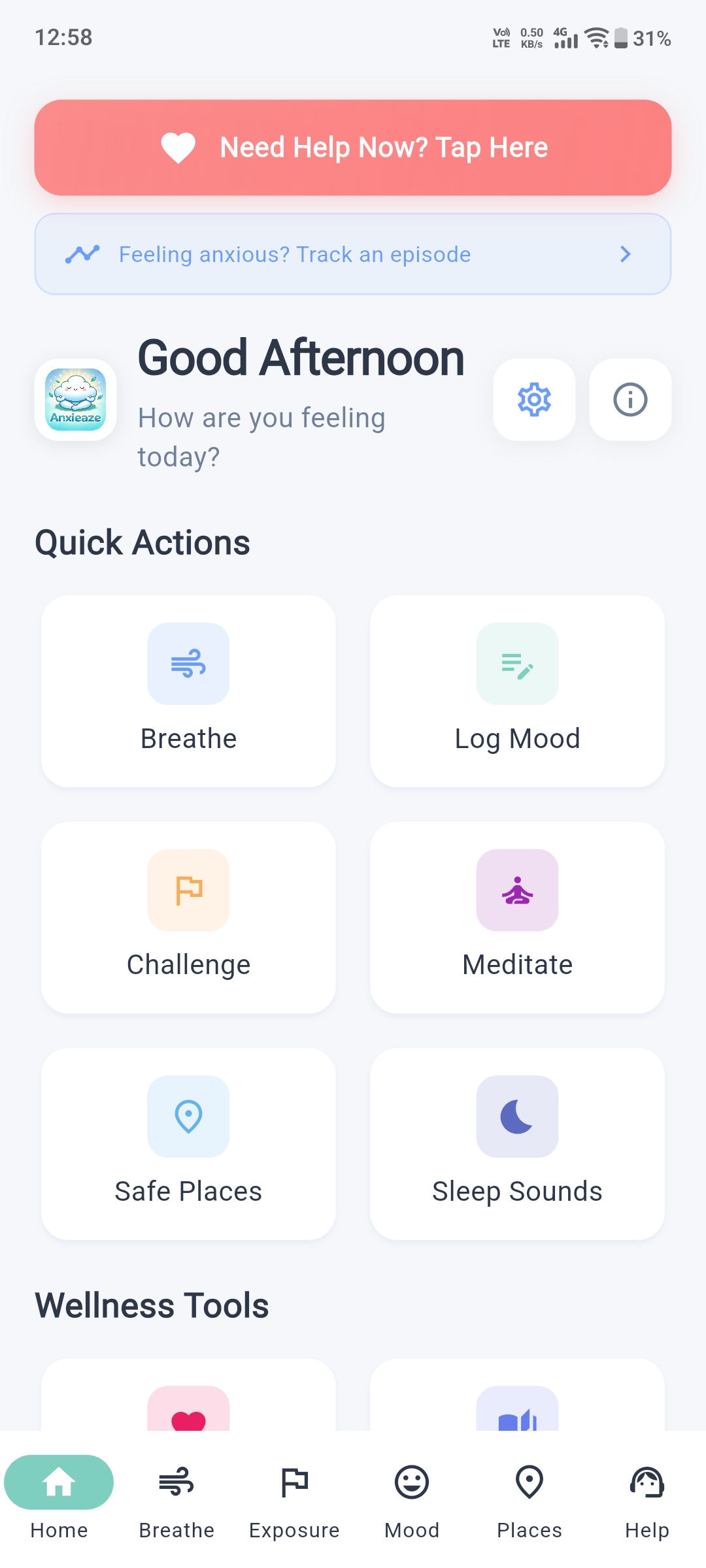 Anxieaze home screen
